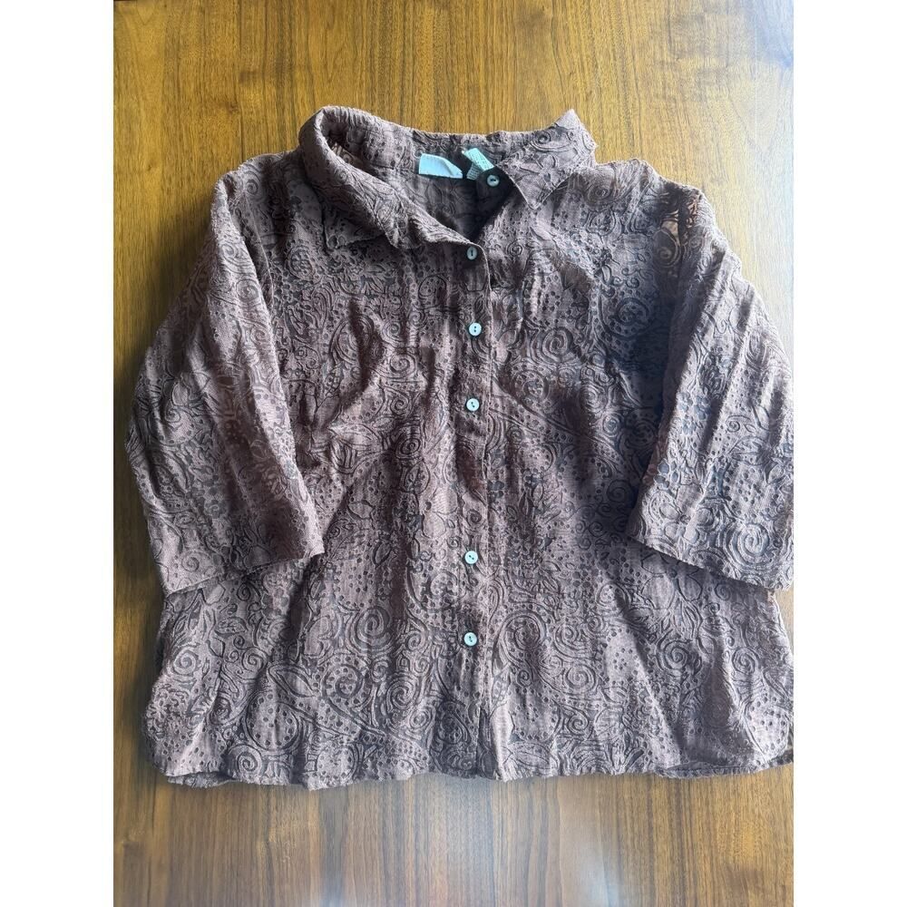White Stag Women's Brown Textured Burnout 3/4 Sleeve Blouse - 18W